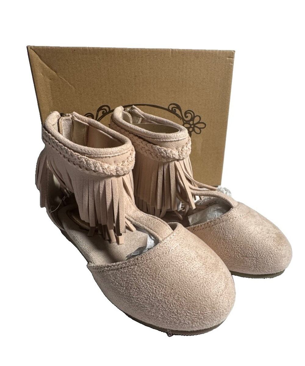 Joyfolie Fennah Rose Tan Fringe Boots Girls Size 12 Vegan Suede Back Zip Boho